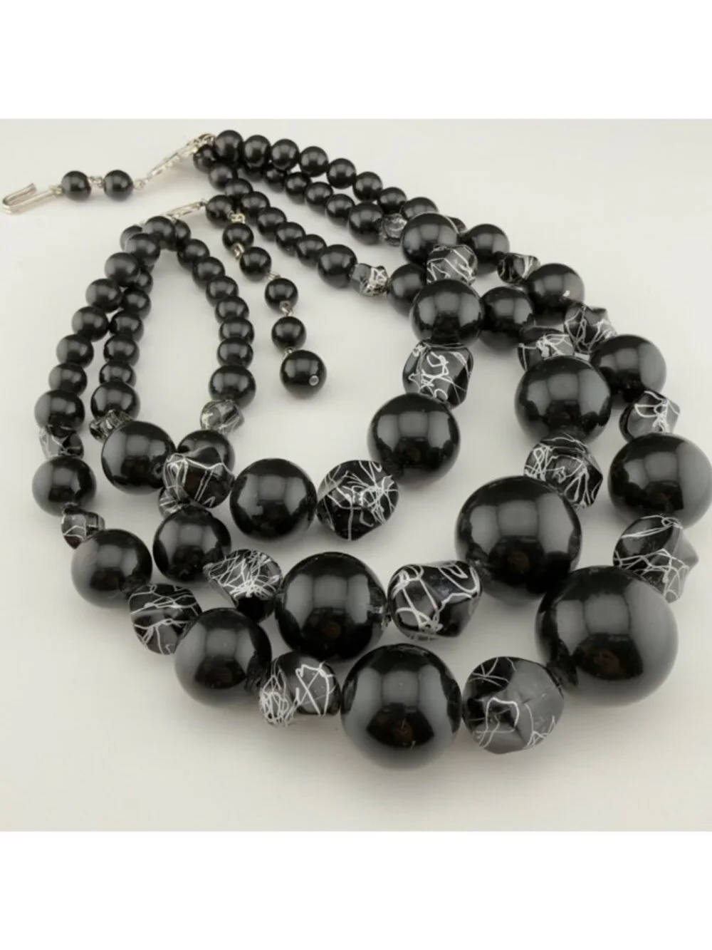Vintage Beaded Statement Necklace Black Silver Acrylic Multi Strand